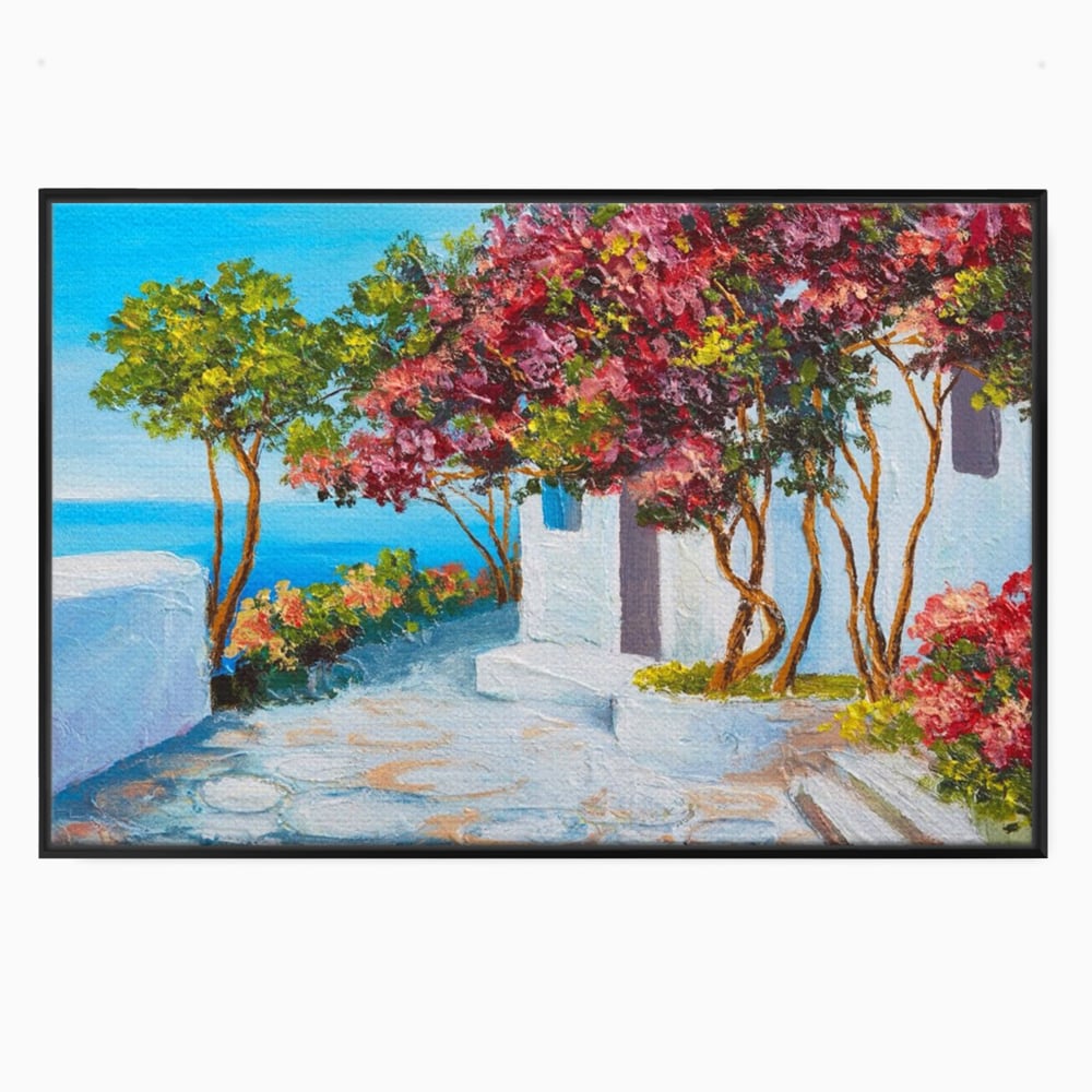 Tablou canvas cu pictura peisaj mediteranean cu flori roz, in rama de aluminiu negru