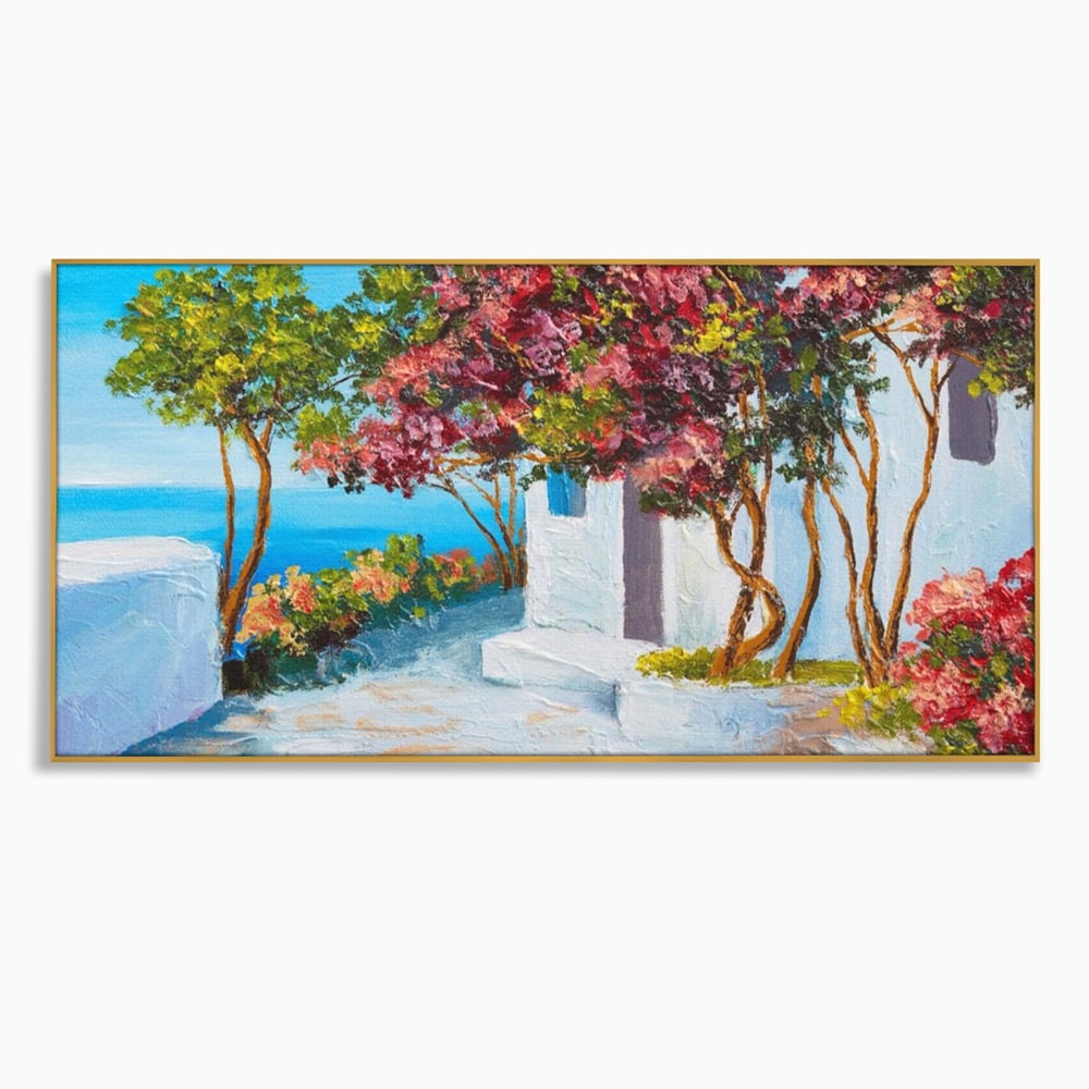 Tablou canvas cu pictura peisaj mediteranean cu flori roz, in rama de aluminiu auriu