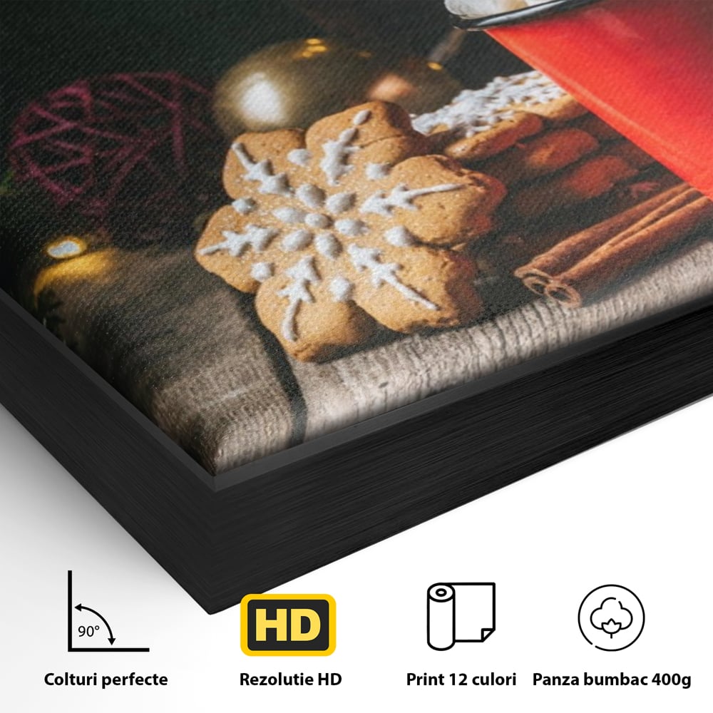 Detaliu al suprafetei: tablou canvas cu turta dulce si cana rosie, in rama de aluminiu negru