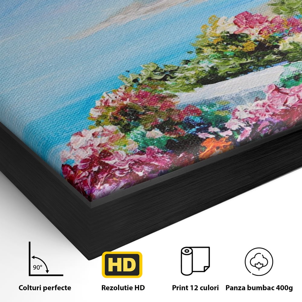 Detaliu al suprafetei: tablou pictura cu flori si mare, in rama de aluminiu negru