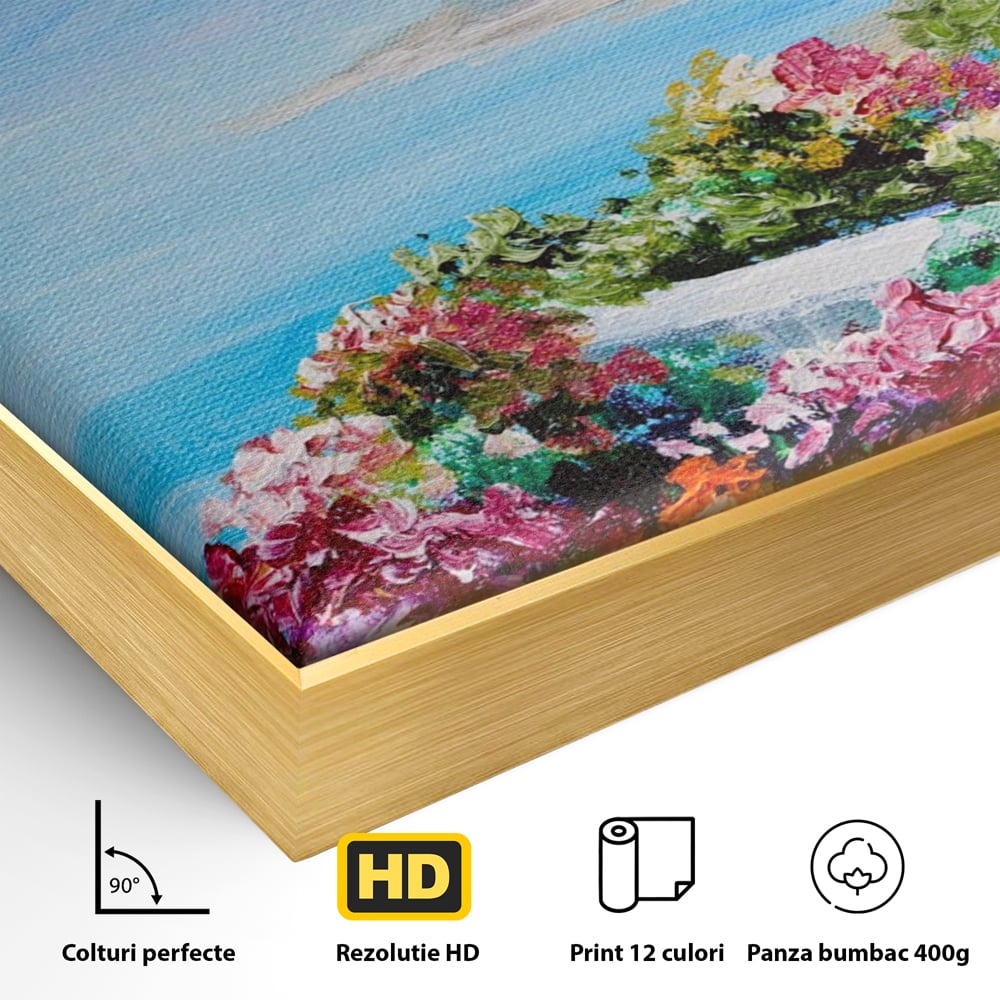 Detaliu al suprafetei: tablou pictura cu flori si mare, in rama de aluminiu auriu