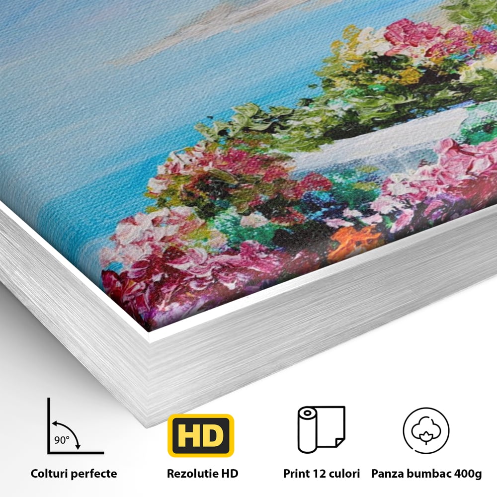 Detaliu al suprafetei: tablou pictura cu flori si mare, in rama de aluminiu argintiu