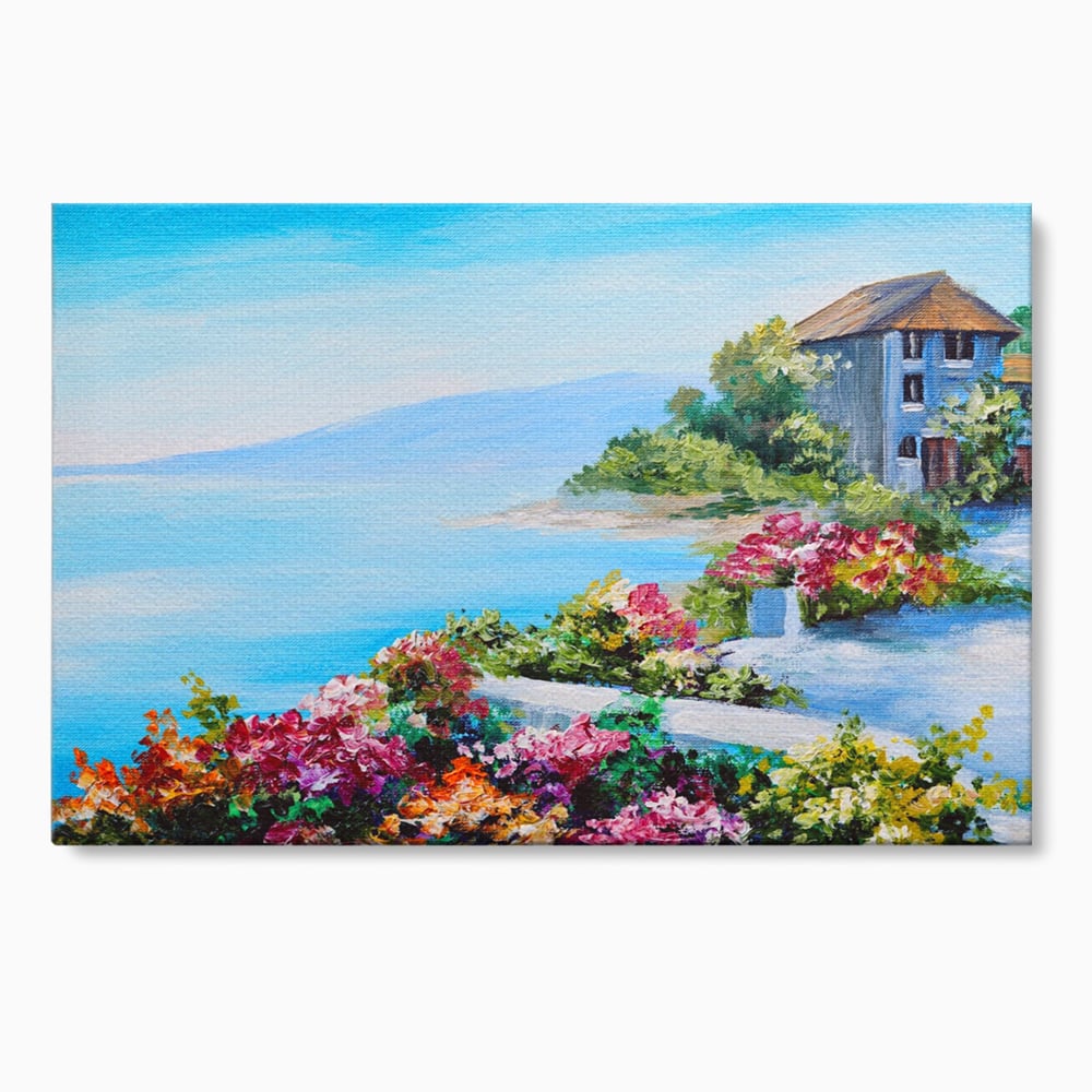 Tablou canvas cu tablou pictura cu flori si mare, fara rama, pe sasiu de lemn