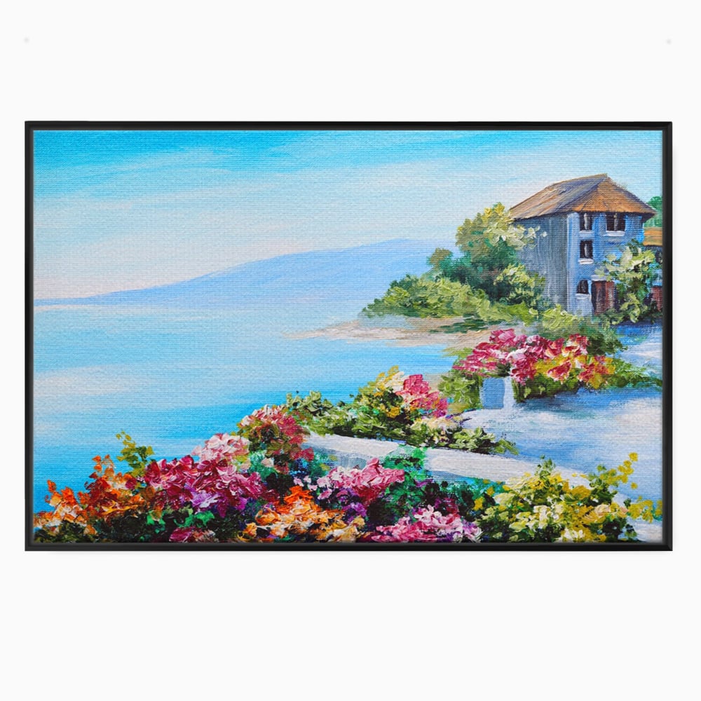 Tablou canvas cu tablou pictura cu flori si mare, in rama de aluminiu negru
