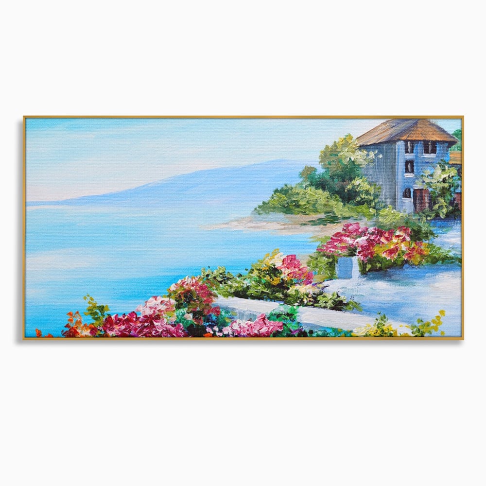 Tablou canvas cu tablou pictura cu flori si mare, in rama de aluminiu auriu