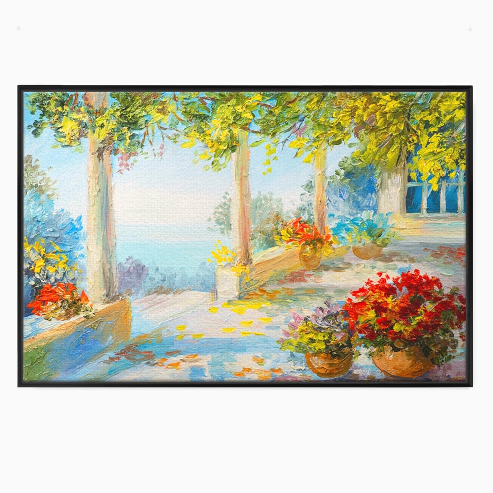 Tablou canvas cu pictura terasa insorita cu flori rosii, in rama de aluminiu negru