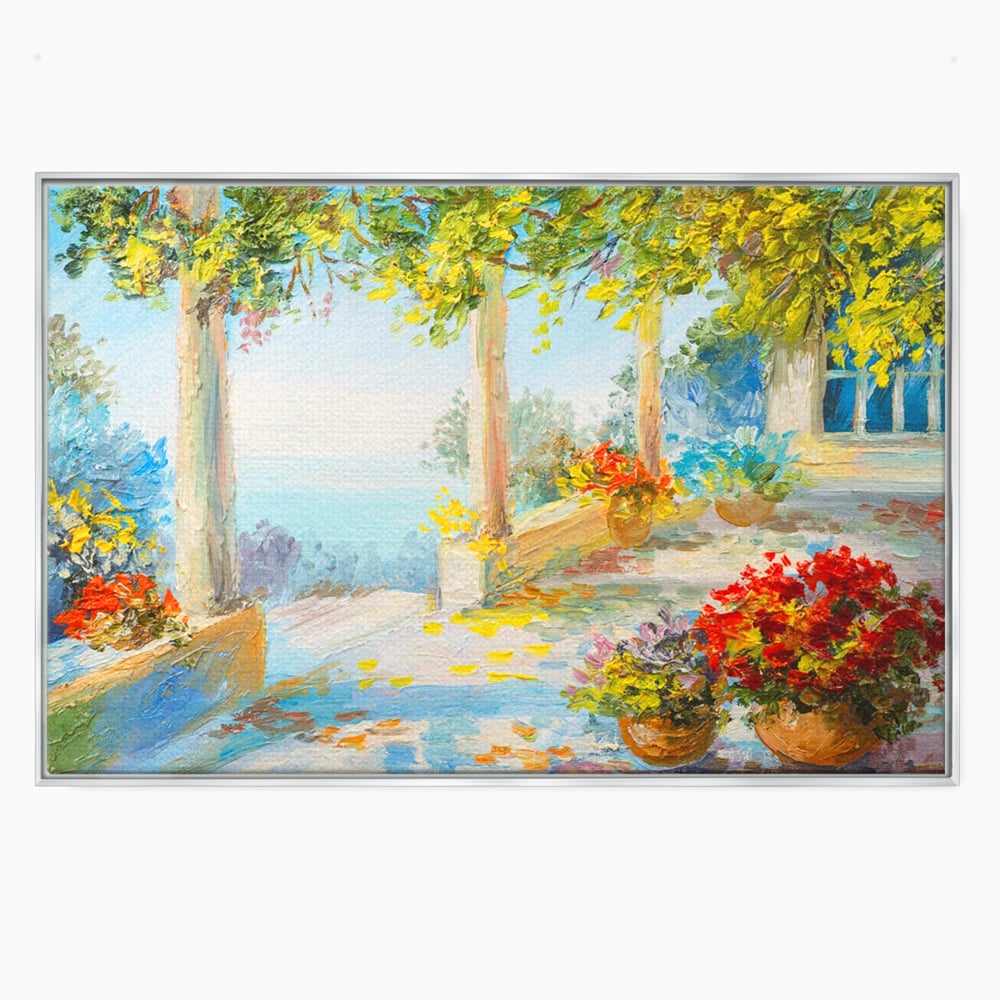 Tablou canvas cu pictura terasa insorita cu flori rosii, in rama de aluminiu argintiu