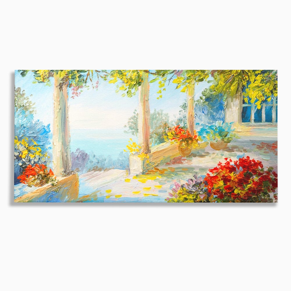 Tablou canvas cu pictura terasa insorita cu flori rosii, fara rama, pe sasiu de lemn