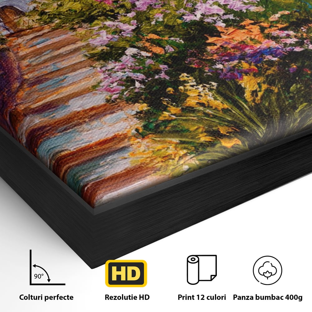 Detaliu al suprafetei: pictura cu scari florale spre mare, in rama de aluminiu negru