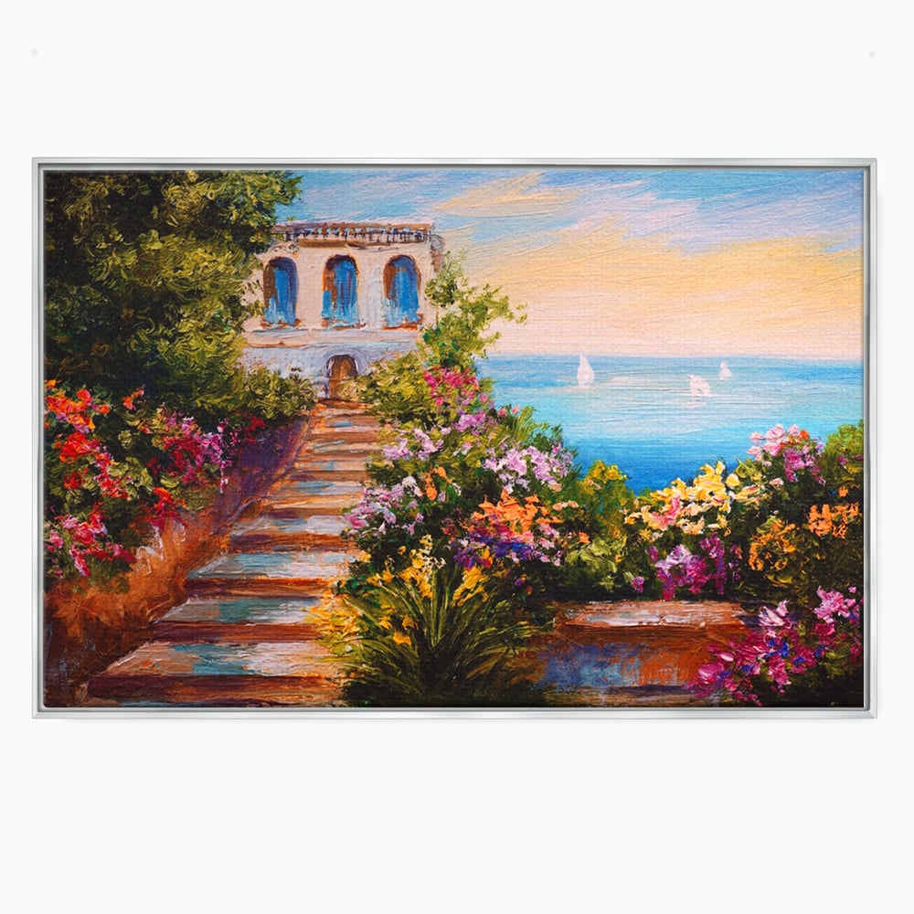 Tablou canvas cu pictura cu scari florale spre mare, in rama de aluminiu argintiu
