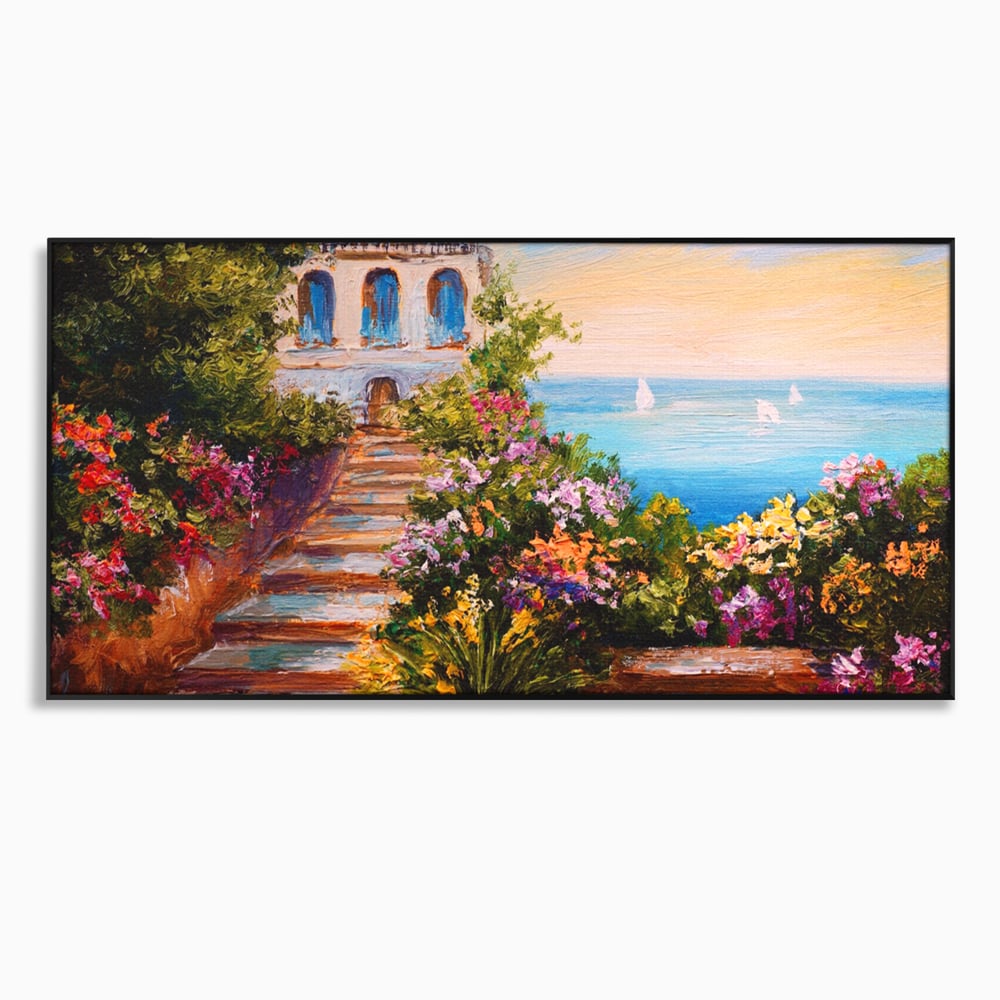 Tablou canvas cu pictura cu scari florale spre mare, in rama de aluminiu negru