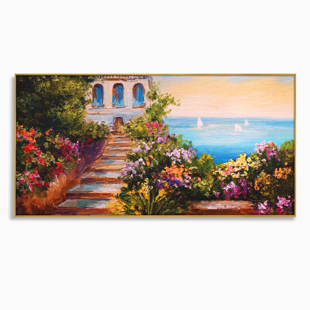 Tablou canvas cu pictura cu scari florale spre mare, in rama de aluminiu auriu
