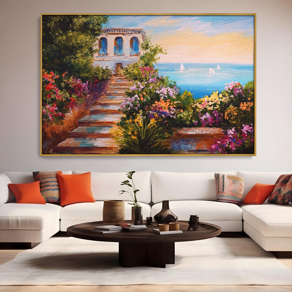 Tablou canvas cu pictura cu scari florale spre mare, in rama de aluminiu auriu, pe perete intr-un living