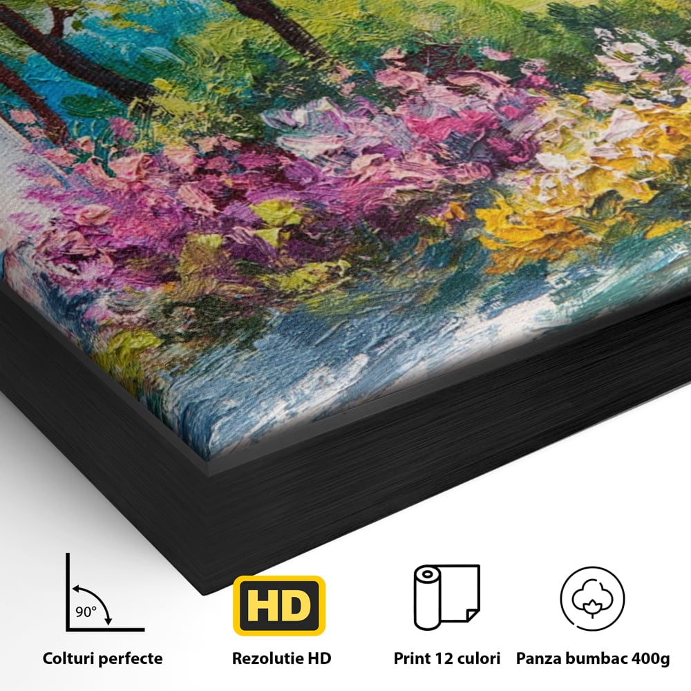 Detaliu al suprafetei: tablou canvas cu peisaj si casuta, in rama de aluminiu negru