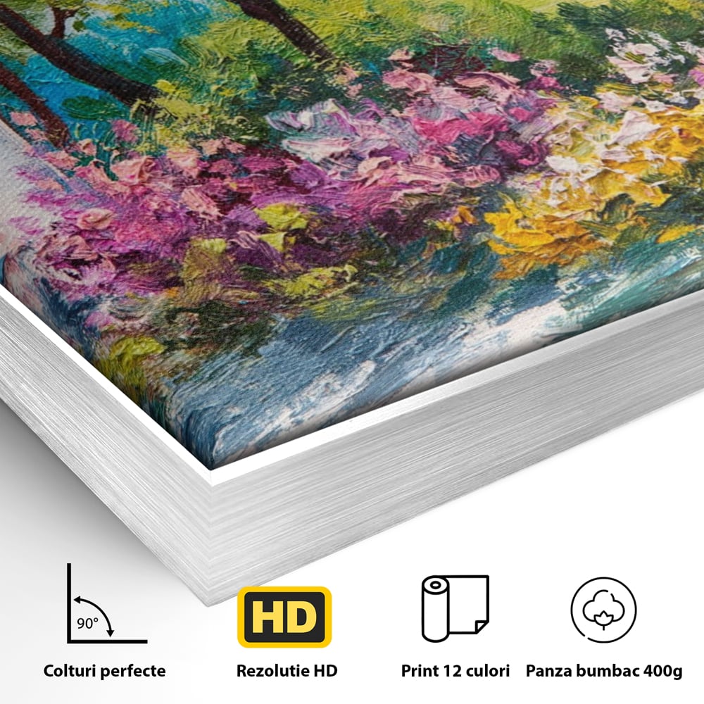 Detaliu al suprafetei: tablou canvas cu peisaj si casuta, in rama de aluminiu argintiu