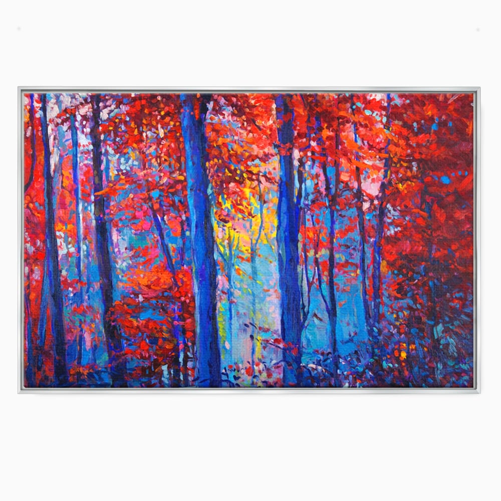 Tablou canvas cu pictura in ulei cu padure de toamna, in rama de aluminiu argintiu