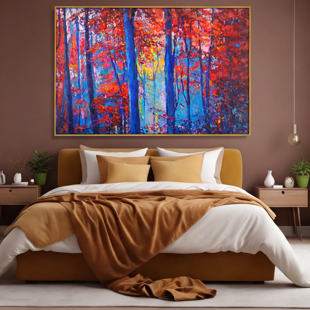 Tablou canvas cu pictura in ulei cu padure de toamna, in rama de aluminiu auriu, pe perete intr-un dormitor