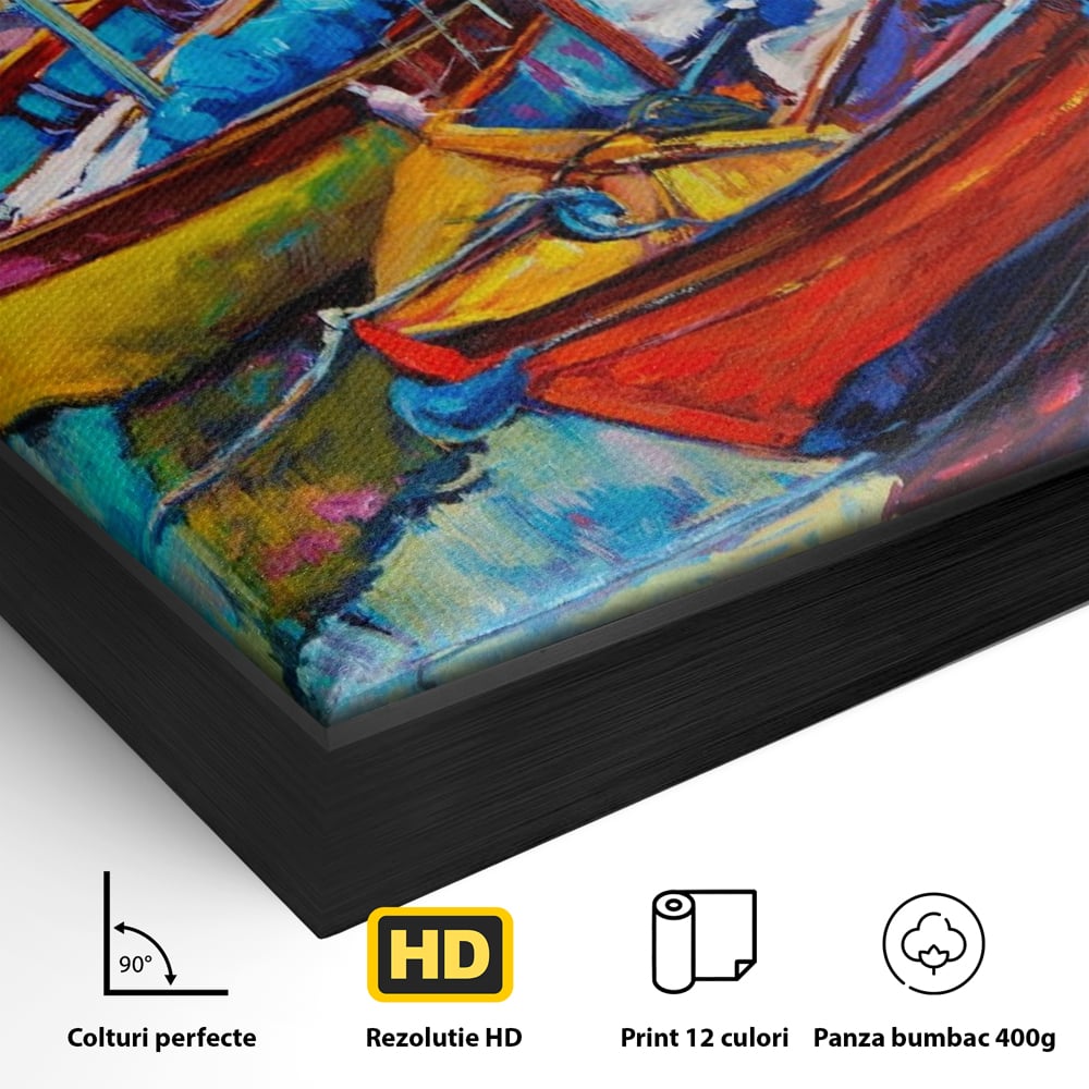 Detaliu al suprafetei: tablou canvas cu barci in port, in rama de aluminiu negru