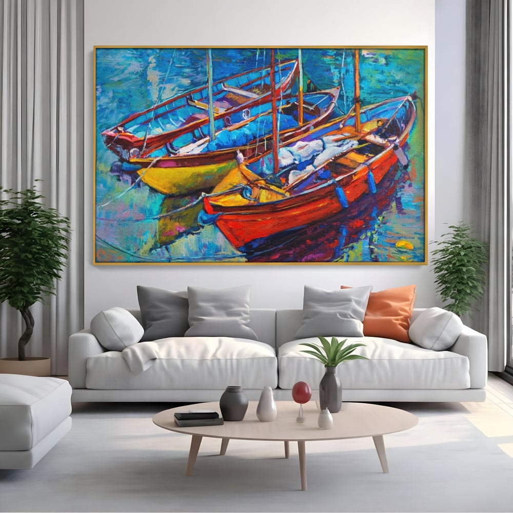 Tablou canvas cu tablou canvas cu barci in port, in rama de aluminiu auriu, pe perete intr-un living