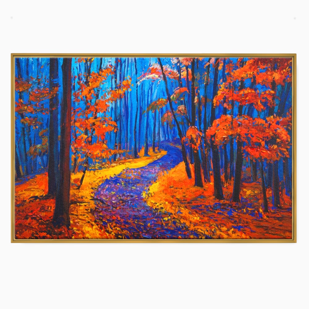 Tablou canvas cu pictura cu padure de toamna si poteca, in rama de aluminiu auriu