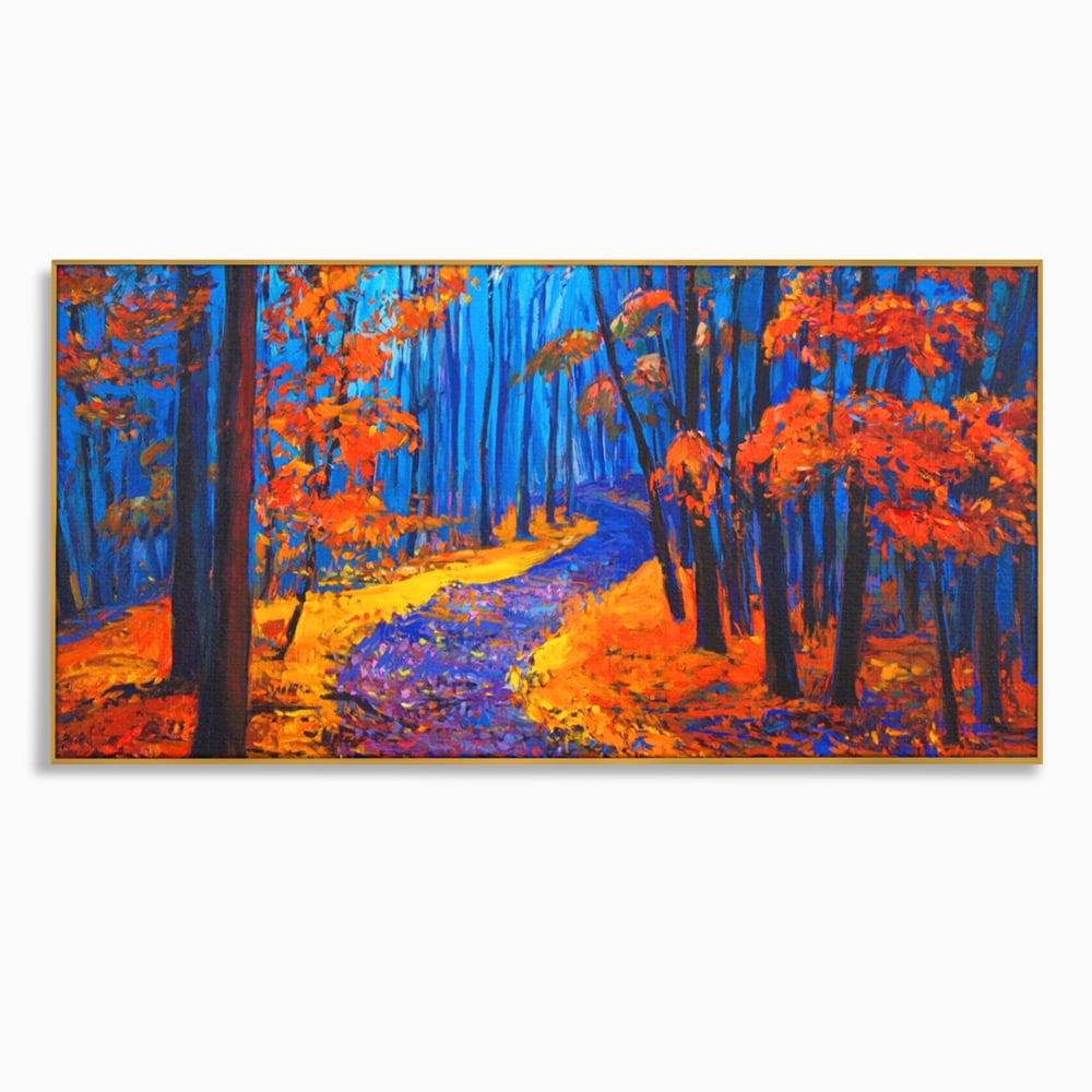 Tablou canvas cu pictura cu padure de toamna si poteca, in rama de aluminiu auriu