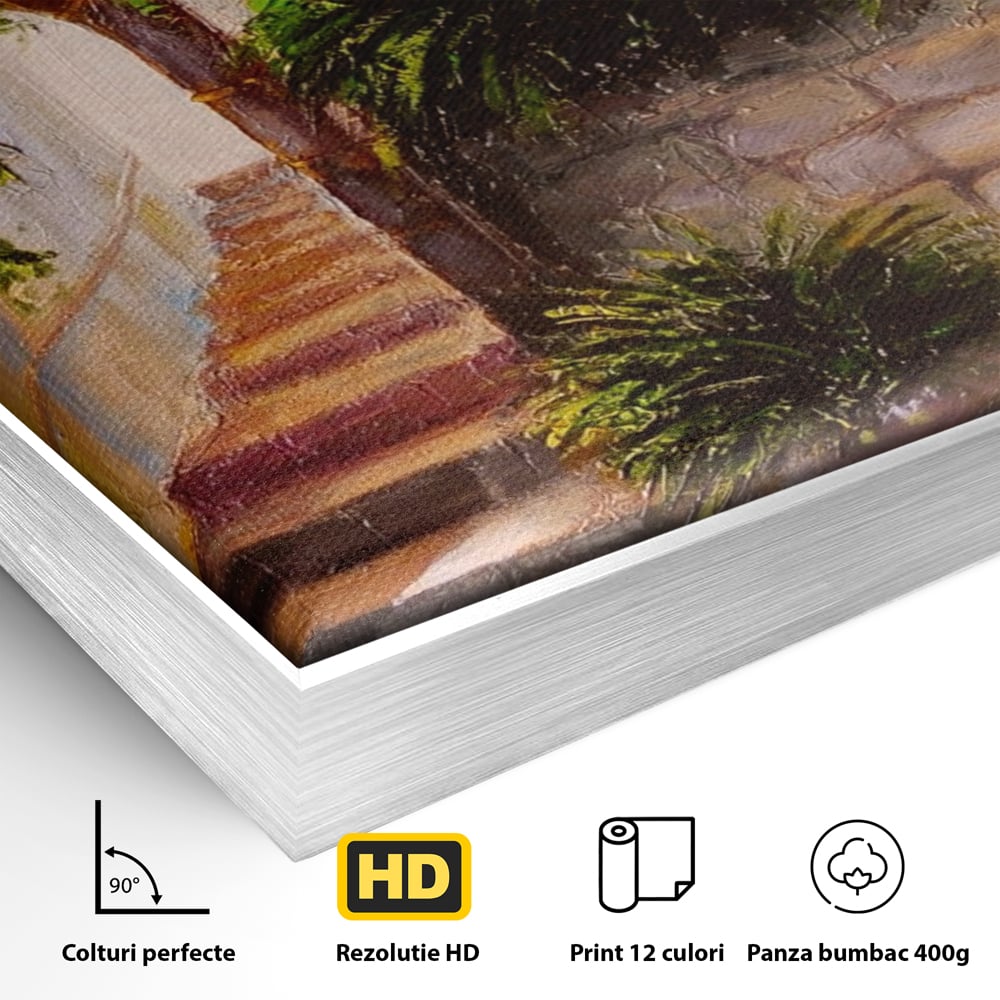 Detaliu al suprafetei: pictura cu scari si flori, in rama de aluminiu argintiu