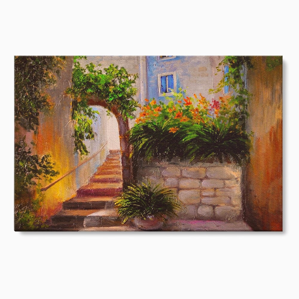 Tablou canvas cu pictura cu scari si flori, fara rama, pe sasiu de lemn