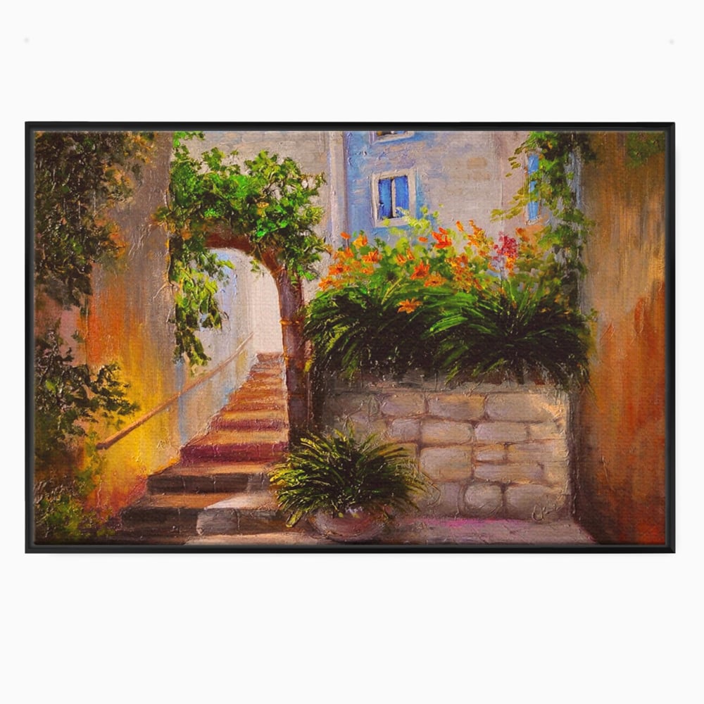 Tablou canvas cu pictura cu scari si flori, in rama de aluminiu negru