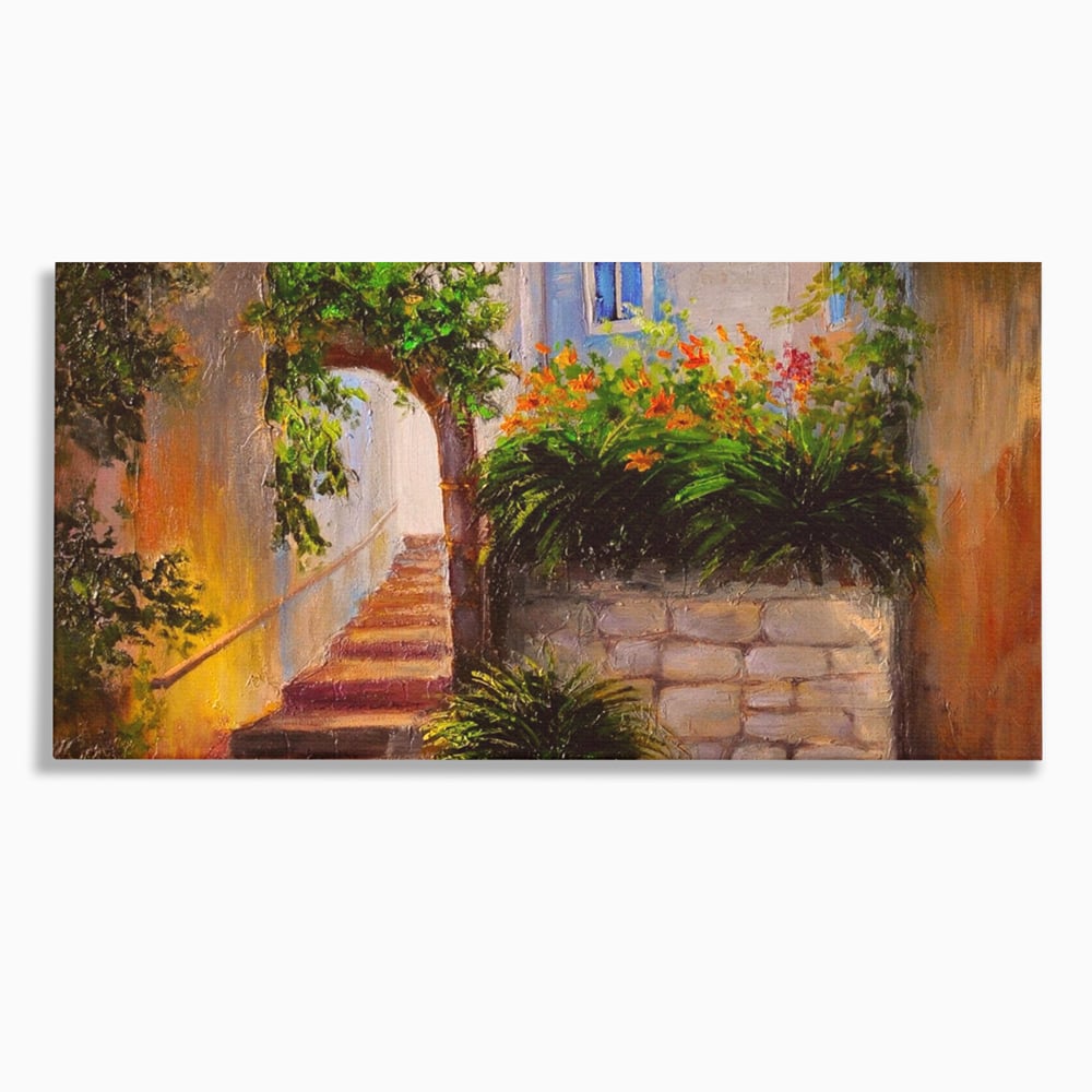 Tablou canvas cu pictura cu scari si flori, fara rama, pe sasiu de lemn