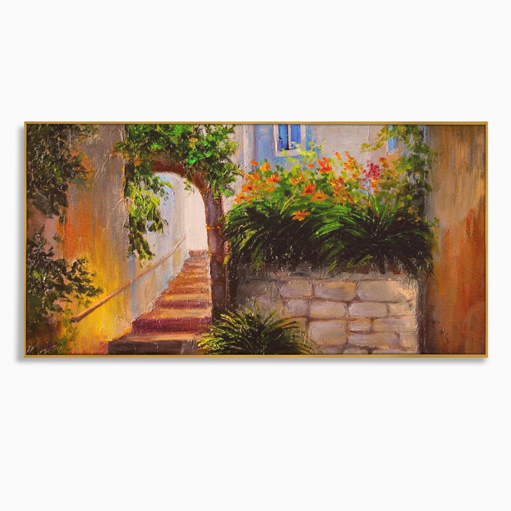 Tablou canvas cu pictura cu scari si flori, in rama de aluminiu auriu