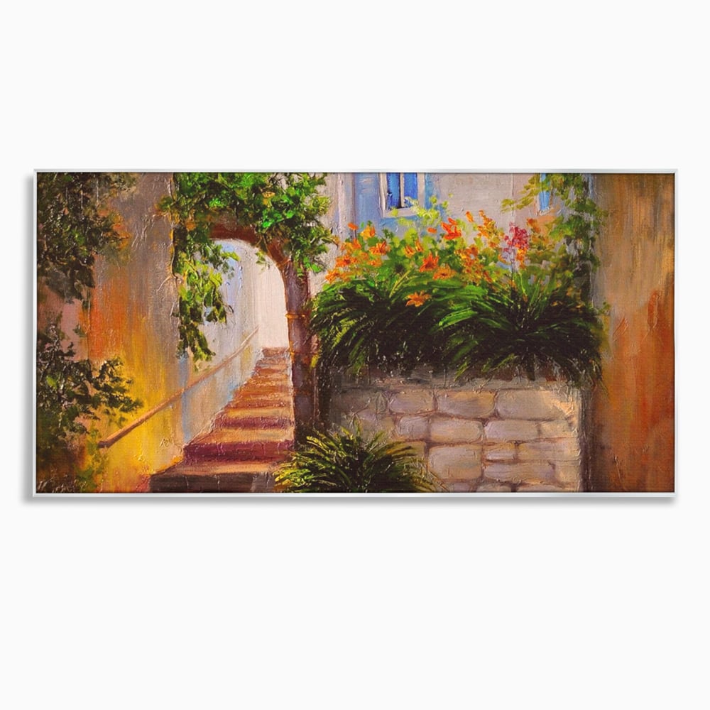 Tablou canvas cu pictura cu scari si flori, in rama de aluminiu argintiu