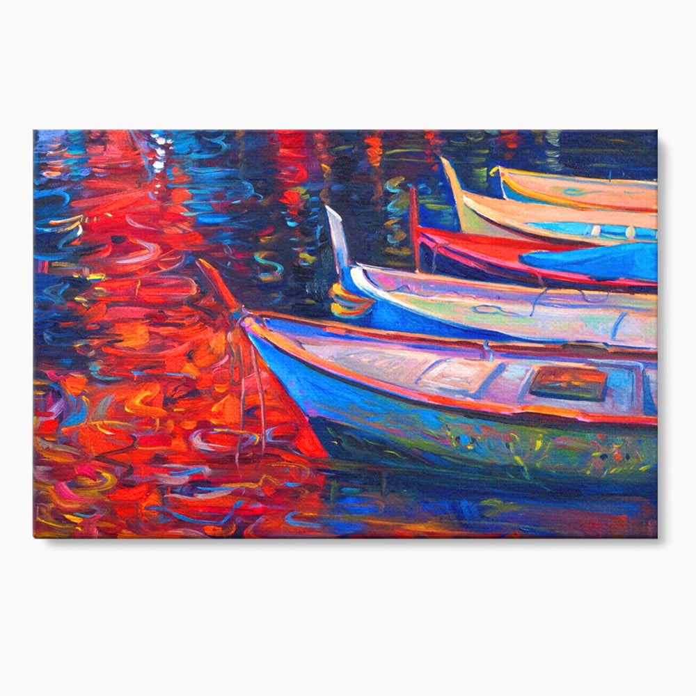 Tablou canvas cu pictura cu barci in port la apus, fara rama, pe sasiu de lemn