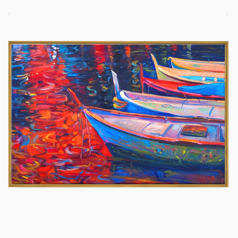 Tablou canvas cu pictura cu barci in port la apus, in rama de aluminiu auriu