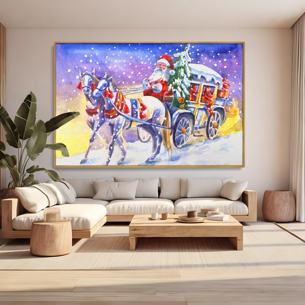 Tablou canvas cu pictura cu mos craciun in trasura, in rama de aluminiu auriu, pe perete intr-un living