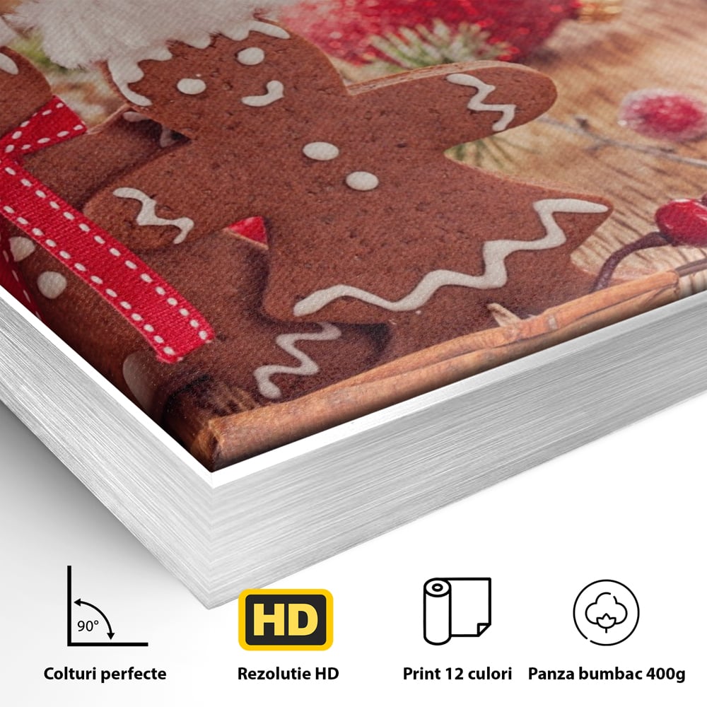 Detaliu al suprafetei: tablou canvas cuplu turta dulce de craciun, in rama de aluminiu argintiu