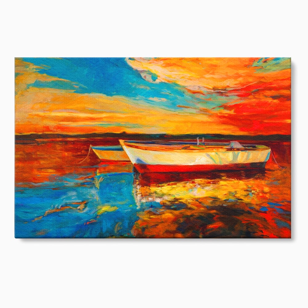 Tablou canvas cu pictura cu barci la apus, fara rama, pe sasiu de lemn