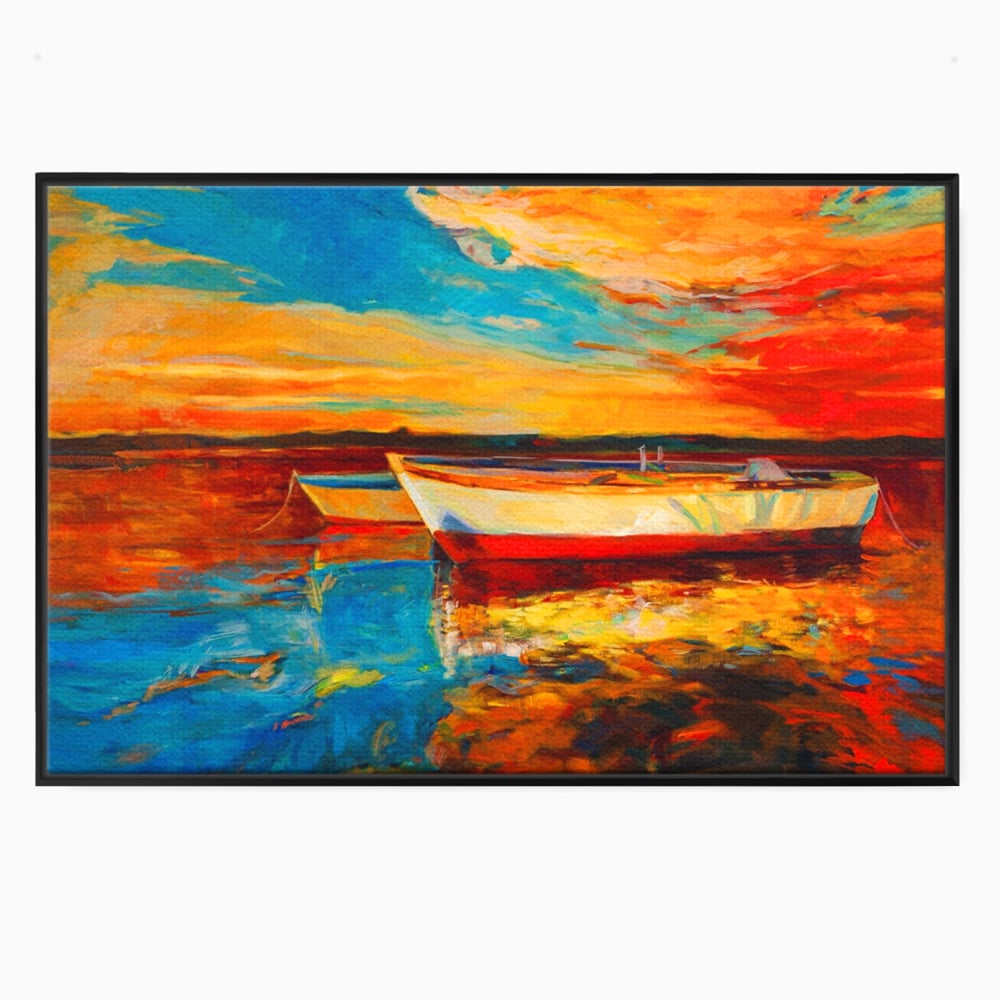 Tablou canvas cu pictura cu barci la apus, in rama de aluminiu negru