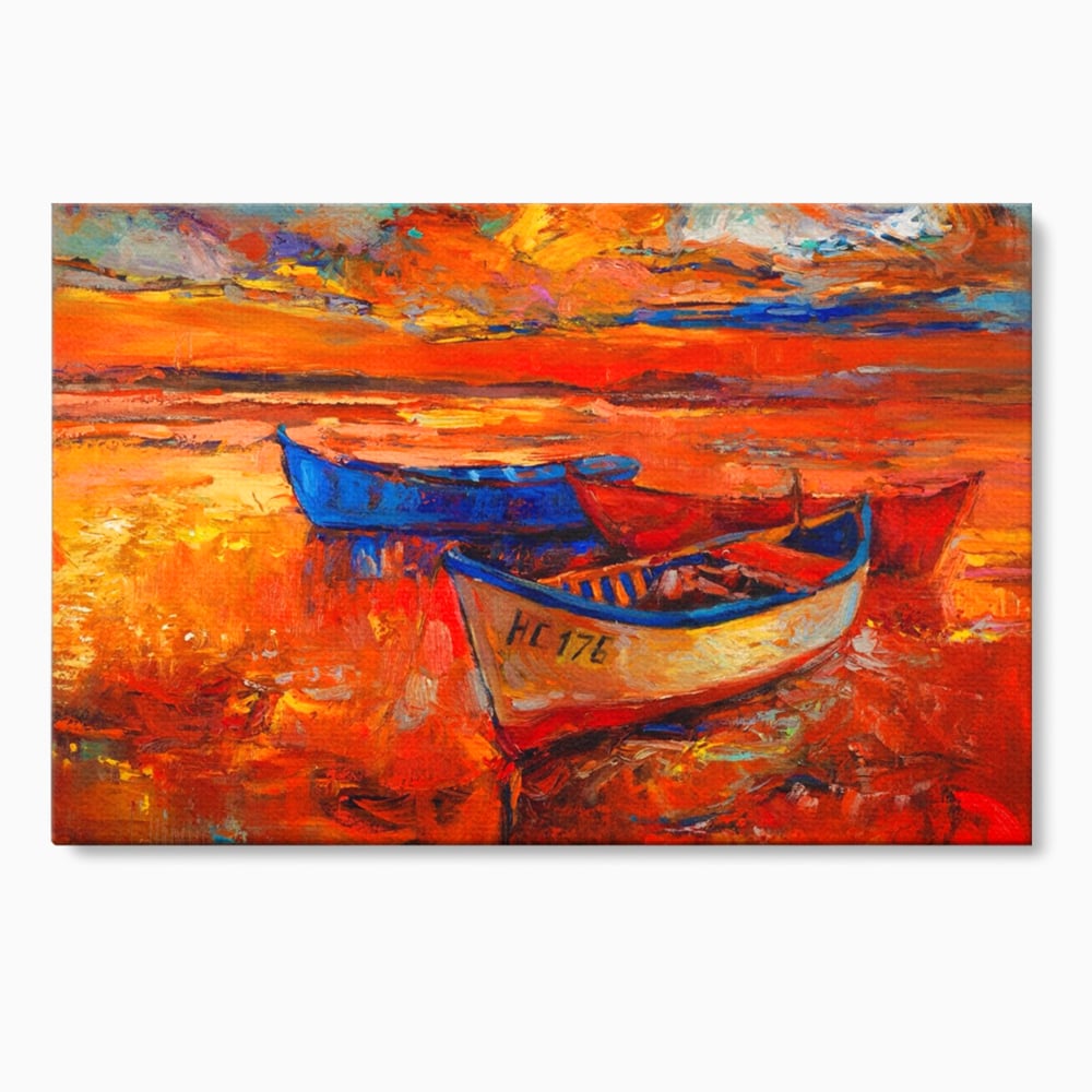 Tablou canvas cu pictura cu barci la apus, fara rama, pe sasiu de lemn