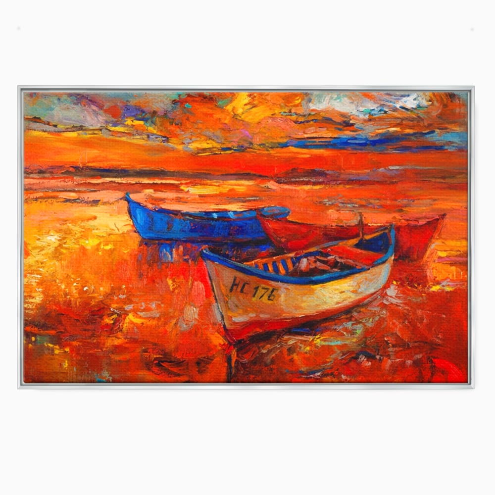 Tablou canvas cu pictura cu barci la apus, in rama de aluminiu argintiu