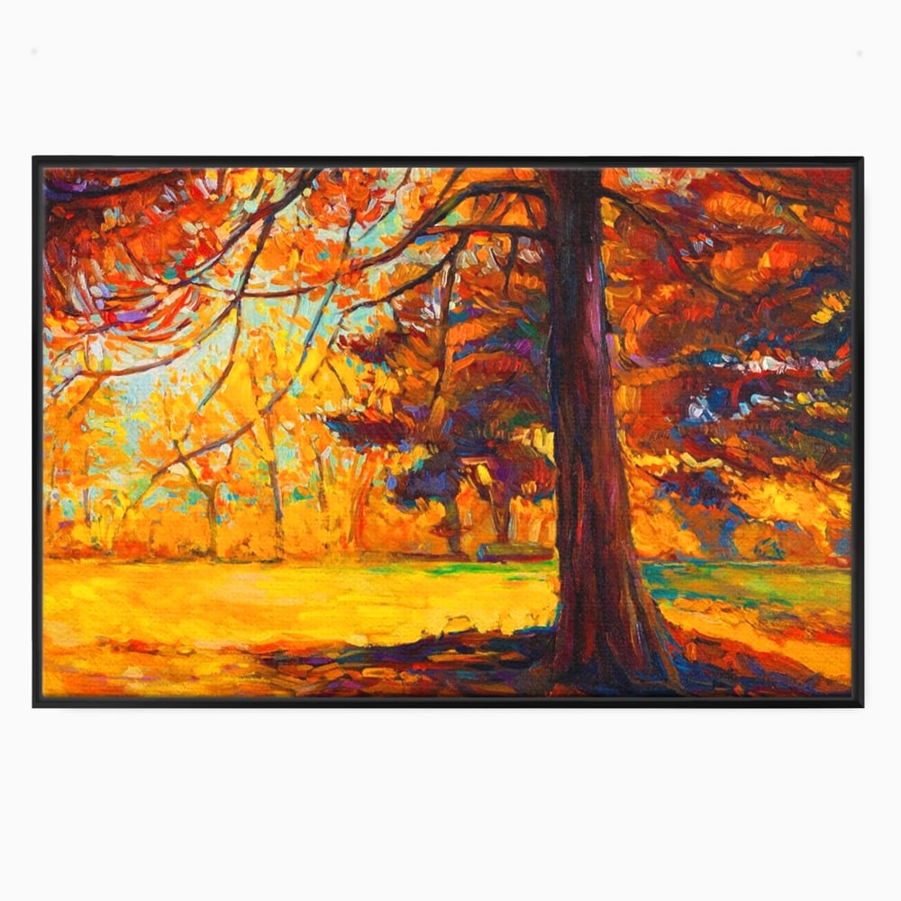 Tablou canvas cu pictura in ulei cu padure de toamna, in rama de aluminiu negru
