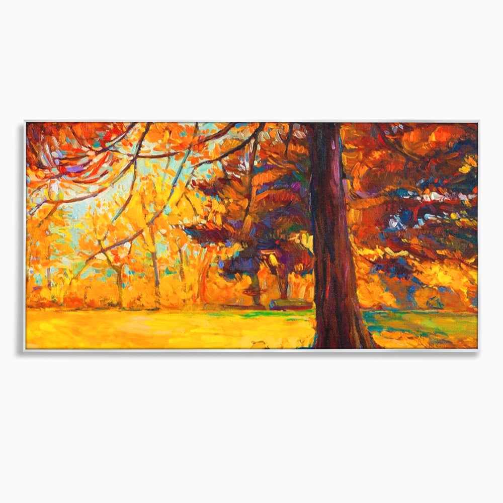 Tablou canvas cu pictura in ulei cu padure de toamna, in rama de aluminiu argintiu