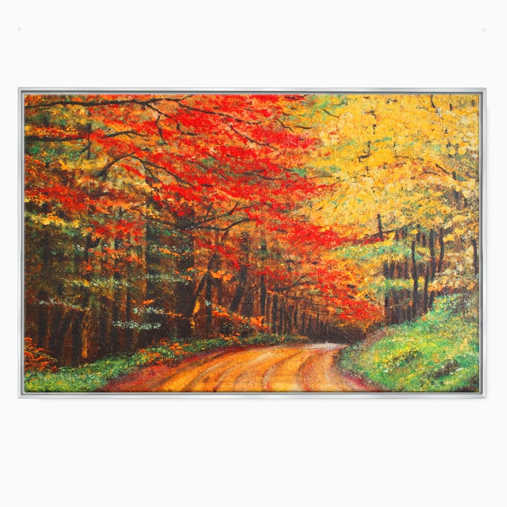 Tablou canvas cu pictura peisaj cu drum prin padure toamna, in rama de aluminiu argintiu