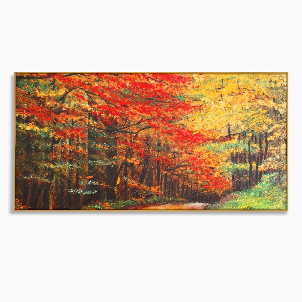 Tablou canvas cu pictura peisaj cu drum prin padure toamna, in rama de aluminiu auriu