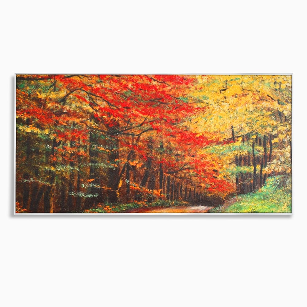 Tablou canvas cu pictura peisaj cu drum prin padure toamna, in rama de aluminiu argintiu