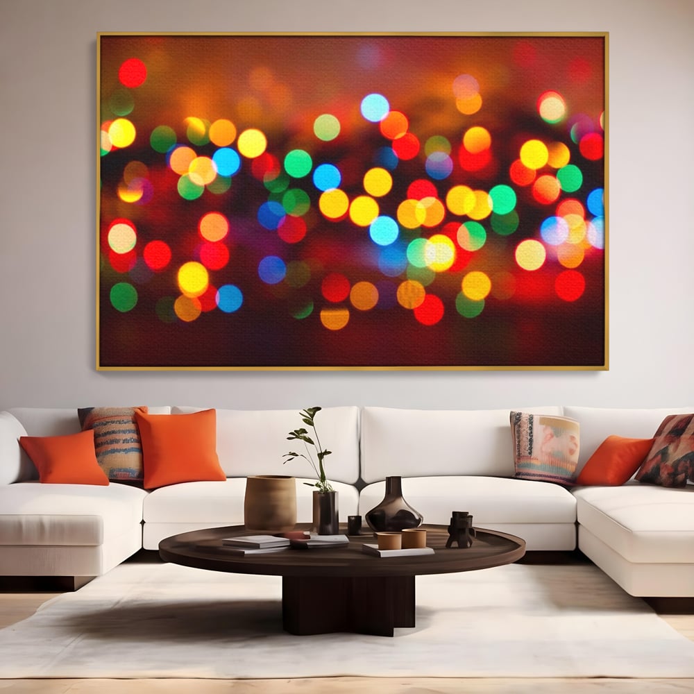Tablou canvas cu tablou canvas cu lumini bokeh, in rama de aluminiu auriu, pe perete intr-un living