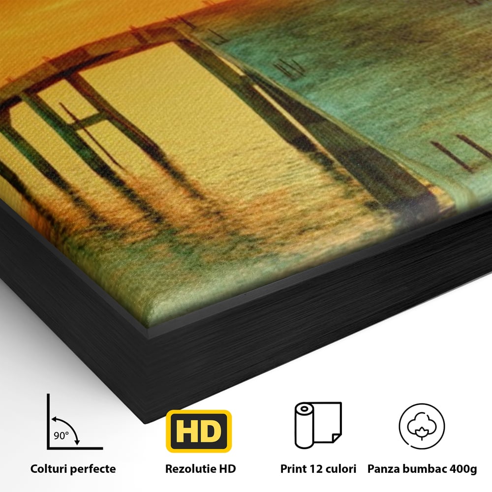 Detaliu al suprafetei: tablou canvas cu pod si rasarit de soare, in rama de aluminiu negru