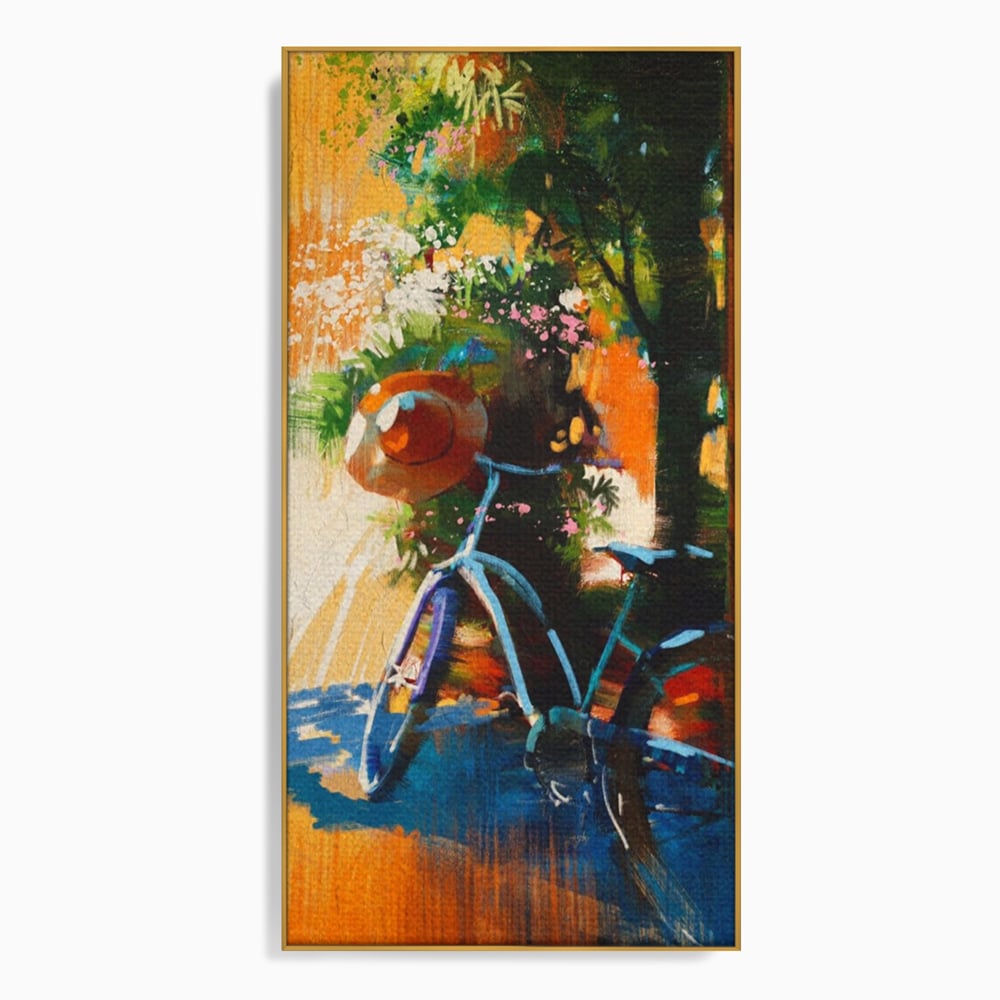 Tablou canvas cu tablou canvas cu bicicleta si flori, in rama de aluminiu auriu
