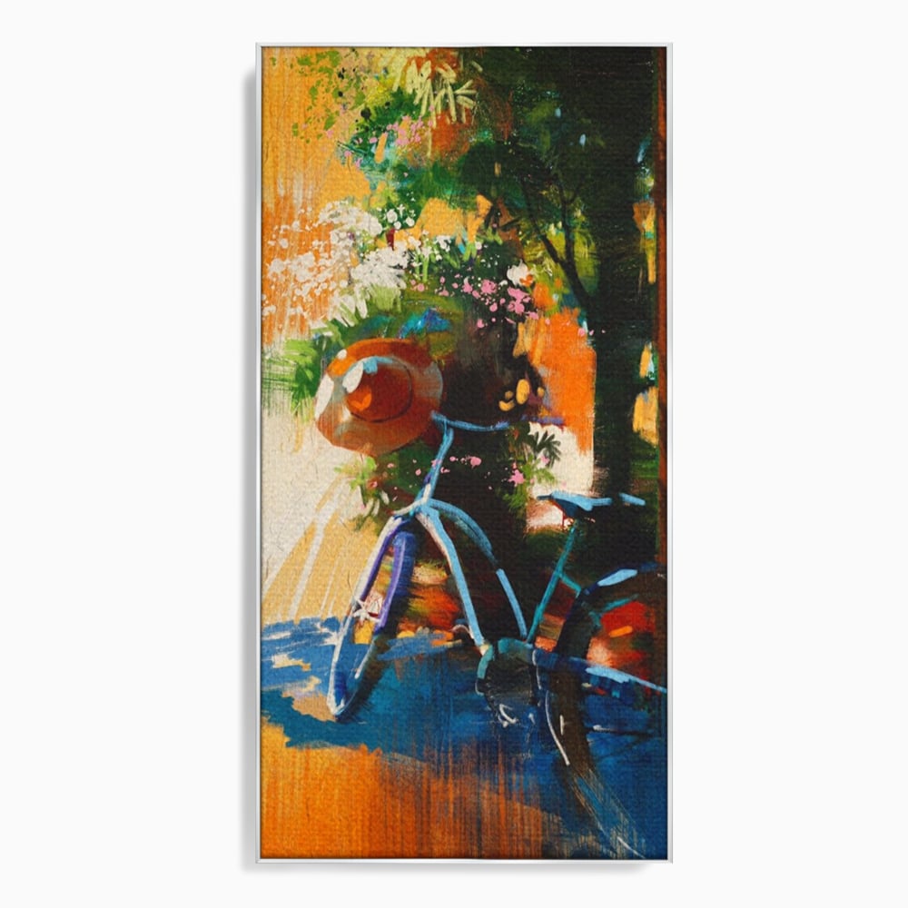 Tablou canvas cu tablou canvas cu bicicleta si flori, in rama de aluminiu argintiu