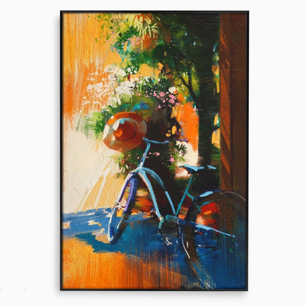 Tablou canvas cu tablou canvas cu bicicleta si flori, in rama de aluminiu negru