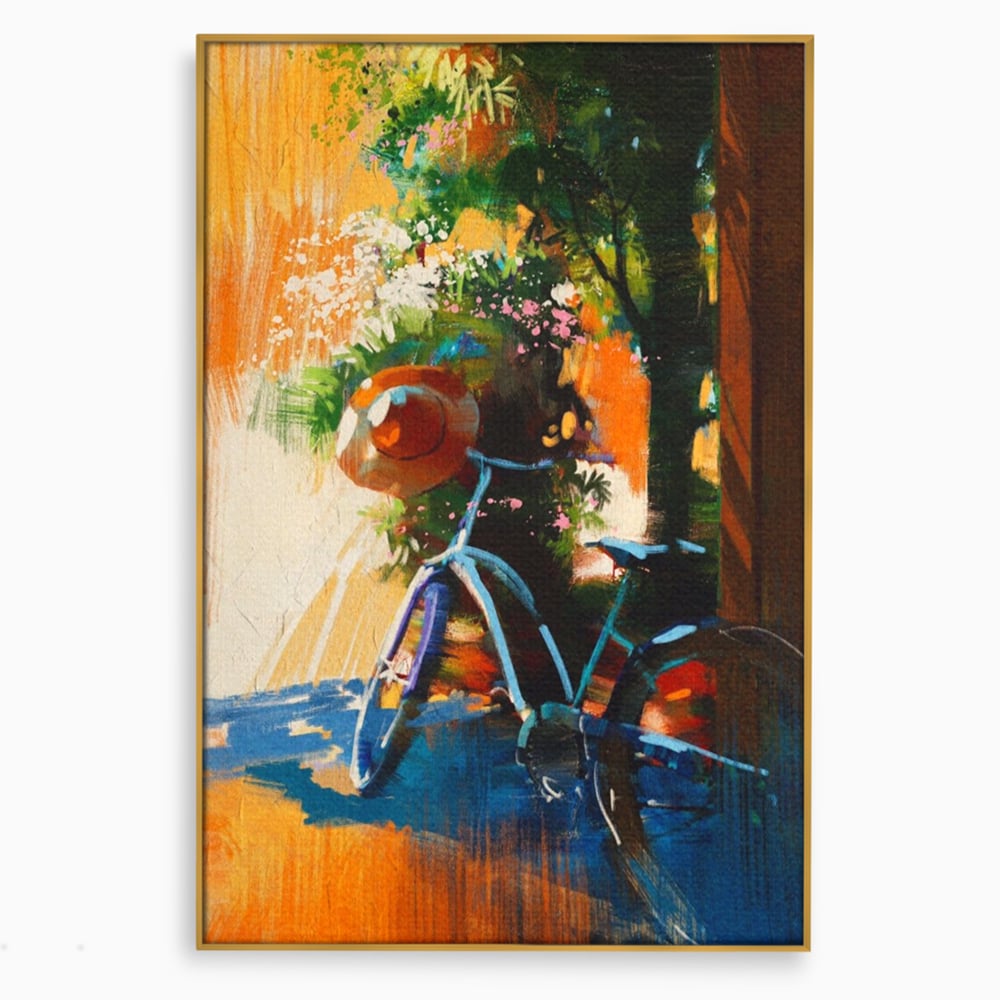 Tablou canvas cu tablou canvas cu bicicleta si flori, in rama de aluminiu auriu